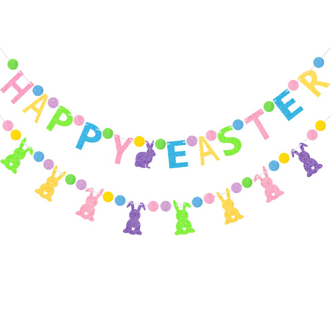jijAcraft Happy Easter Pom Pom Banner, Pre-Strung Easter Bunny & Letter Pom Pom Garland for Easter Party Decoration, Colorful Spring Party Decoration for Home School Office Mantle Fireplace Birthday