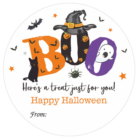 jijAcraft 60Pcs Happy Halloween Stickers - 2Inch Round Boo Trick or Treat Name Labels, Here a Treat Just for You Halloween Stickers for Envelope, Candy Bags, Party Favors