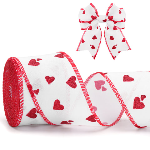 jijAcraft Valentine Heart Ribbon Wired Edge - 1-1/2 Inch x 11 Yards Fabric Red Ribbon with Glitter Heart, Happy Valentines Day Ribbons for Gift Wrapping, Party Favors, Bouquet