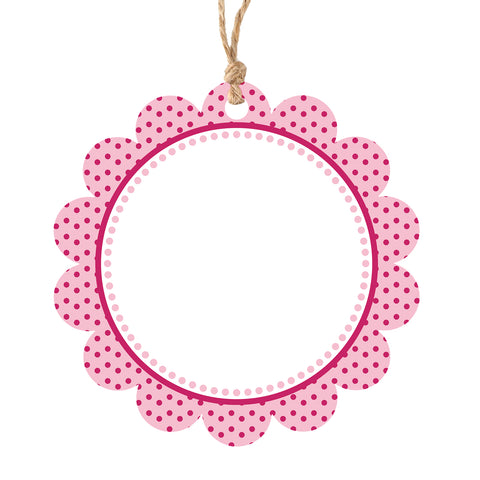 jijAcraft 50Pcs Blank Gift Tags with String, 2.5Inch Pink Dot Scalloped Round Blank Hangtag, White Writable Paper Tags for Gift Wrapping, DIY Crafts, Toys