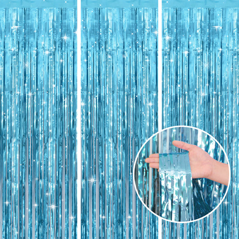 jijAcraft 3 Pack Light Blue Tinsel Foil Fringe Curtain, Party Photo Backdrop, Blue Background for Baby Shower Boy Birthday Ocean Themed Winter Wonderland Wedding Engagement New Year Decorations