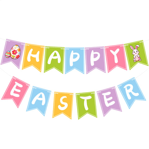 jijAcraft Happy Easter Banner Garland, Pre-Strung Easter Bunny & Egg Paper Banner for Easter Party Decoration, Colorful Spring Party Decoration for Home School Office Mantle Fireplace Birthday