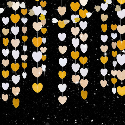 jijAcraft Glitter Champagne Gold Heart Garland - 52Ft Engagement Party Decoration Banner, 4Pack Bachelorette Hanging Paper Streamers, Gold and White Party Decor for Wedding, Birthday, Bridal Shower