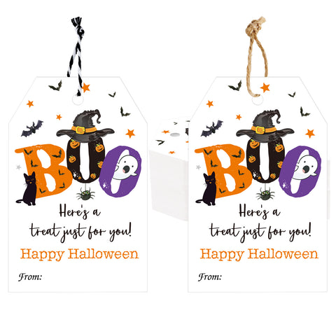 jijAcraft Halloween Tags with String - 50Pcs Happy Halloween Paper Gift Tag, 3.3x2.1Inch Trick or Treat Pumpkin Bat Ghost Name Labels Tags for Goodie Bags, Gift Wrap, DIY Crafts, Classroom Favors