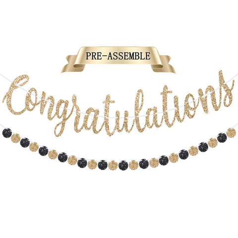 jijAcraft Congratulation Graduation Banner, Black Gold Glitter Graduation Party Banner, Pre-strung Congratulation Party Banners, 2025 Grad Deoration Garland for Class, School, Home