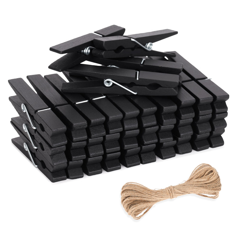 jijAcraft Wooden Clips with String, 50Pcs 2.9Inch Picture Hanging Display Clips, Black Clothes Pins, Wooden Decoration Clip for Classroom DIY Project, Cheer Pins, Hanging Clothes