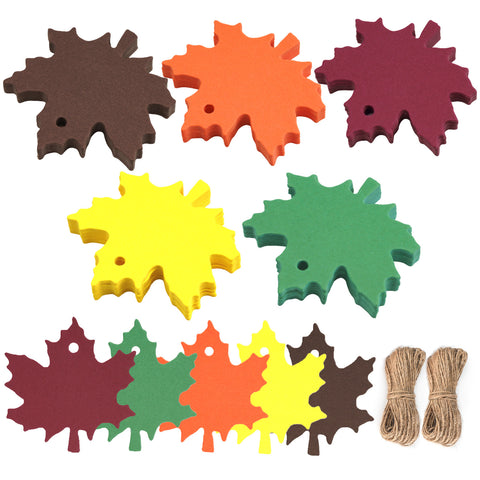 jijAcraft 150Pcs Maple Leaves Tags with String - 5 Colors Fall Gift Tags, 2.4 x 2.6Inch Blank Paper Leaves for Thanksgiving Gift Wrap, DIY Crafts, Gratitude Tree, Jars