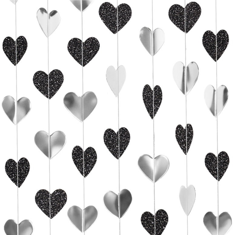 jijAcraft Black and White Bachelorette Party Decorations, Heart Garland Black and Silver Birthday Decorations, Heart Streamers Decor for Anniversary, Wedding, Graduation, Engagement, Boy Birthday - JiJaCraft.com