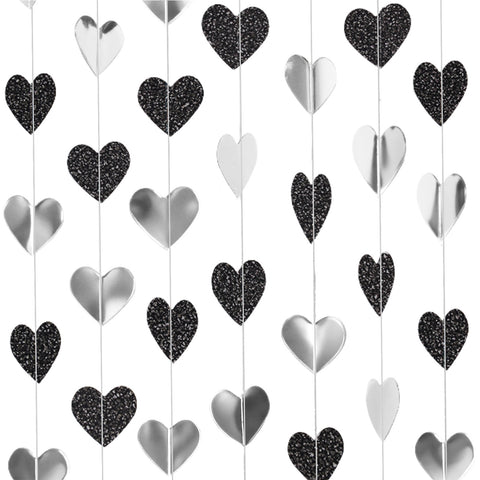 jijAcraft Black and White Bachelorette Party Decorations, Heart Garland Black and Silver Birthday Decorations, Heart Streamers Decor for Anniversary, Wedding, Graduation, Engagement, Boy Birthday