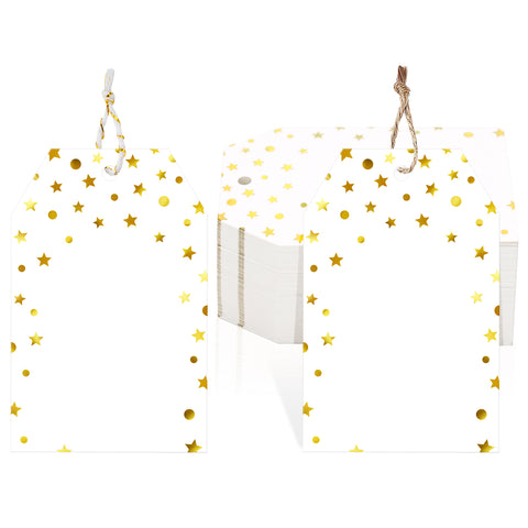 jijAcraft Gift Tags with String, 100Pcs Gold Foil Star Blank Gift Wrapping Labels, 3.3x2.1 Inch White Paper Name Tags for Wedding, Birthday, Baby Shower