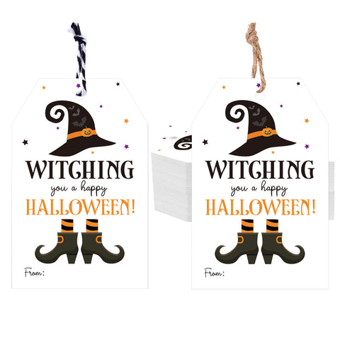 jijAcraft Halloween Tags with String - 50Pcs Witch Goodie Bags Tag, 3.3x2.1Inch Witching You A Happy Halloween Name Labels Tags for Candy Bags, Gift Wrapping, DIY Crafts, Trick or Treat