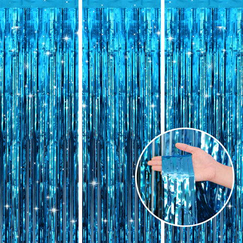 jijAcraft 3 Pack Metallic Blue Tinsel Foil Fringe Curtain, Party Photo Backdrop, Lake Blue Streamers for Ocean Themed Mermaid Under the Sea Party Boy Birthday Baby Shower Graduation Decorations