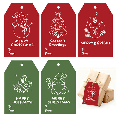 jijAcraft Christmas Gift Tags – 50Pcs Holiday Gift Tags with String, 5 Designs Xmas Tags for Gifts, Merry Christmas Name Tags for Gift Wrapping, Party Favors, DIY Crafts(3.3x2.1In)