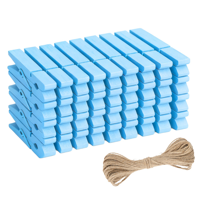 jijAcraft 50Pcs Baby Blue Clothespins - 2.9Inch Large Clothes Pins with Twine, Photo Display Hanging Clips, Wooden Craft Clips for Birthday, Baby Shower, Wedding
