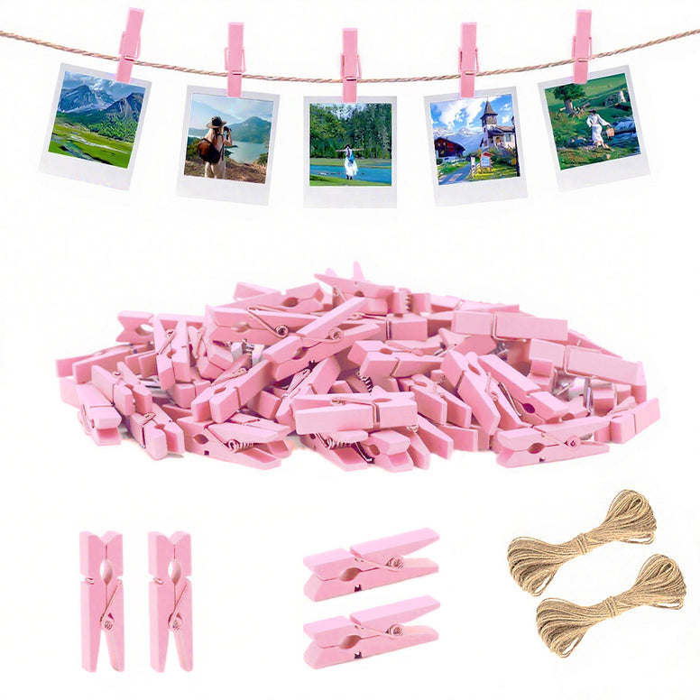 jijAcraft Mini Clothespins with String - 100Pcs Baby Pink Wooden Clothes Pins, Small Baby Shower Photo Hanging Clips, Craft Clips for Picture, Cocktails Decor, Wedding