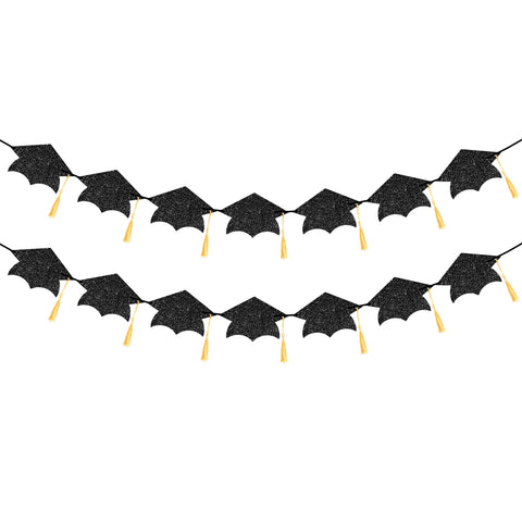 jijAcraft Black Glitter Graduation Cap Banner 2026, Pre-Strung Graduation Vintage Design, Double Sided Mortarboard Garland, 2 Pack Graduation Garland for College High School Graduate Party Home Decor