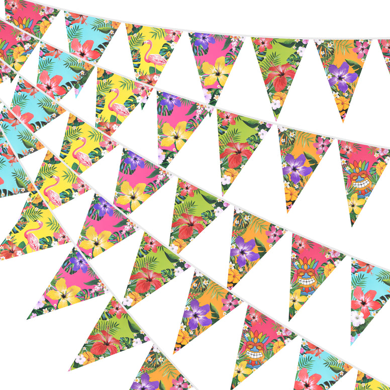 jijAcraft 4 Pack Hawaiian Bunting Banners - Pre-strung Tropical Flowers Triangle Pennant Banner with Flamingo, Floral Luau Party Decor for Hawaiian Tropical Pool Summer Tiki Beach Photo Backdrop Party