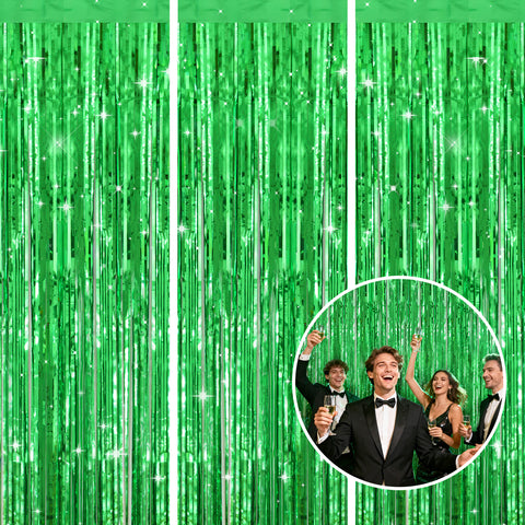 jijAcraft 3 Pack Metallic Green Tinsel Foil Fringe Curtain, Jungle Party Decorations, Emerald Green Party Photo Backdrop for St Patrick's Day Dinosaur Party Graduation Christmas Garden Party Decor