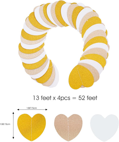 jijAcraft Glitter Champagne Gold Heart Garland - 52Ft Engagement Party Decoration Banner, 4Pack Bachelorette Hanging Paper Streamers, Gold and White Party Decor for Wedding, Birthday, Bridal Shower