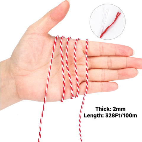 jijAcraft 2MM Red White Cotton String - 328Ft Christmas Gift Wrapping String, Butcher Cooking Bakers Twine, Holiday Crafts Twine for Party Favors, Gift Tags, Christmas Tree Decor