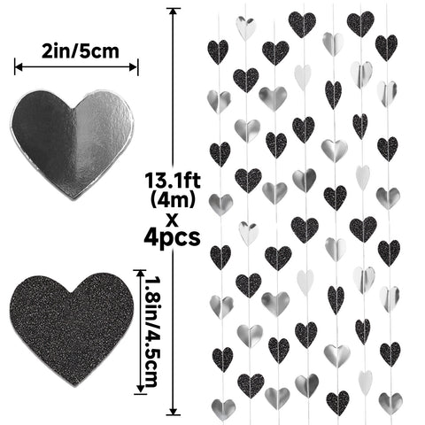 jijAcraft Black and White Bachelorette Party Decorations, Heart Garland Black and Silver Birthday Decorations, Heart Streamers Decor for Anniversary, Wedding, Graduation, Engagement, Boy Birthday