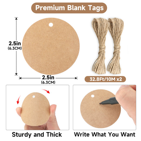 jijAcraft Blank Gift Tags with String, 2.5Inch Brown Kraft Paper Hangtag, 100Pcs Round Gift Wrapping Name Tags for Bags, DIY Crafts, Cupcake