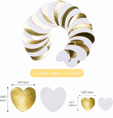 jijAcraft White Champagne Gold Heart Garland - 52Ft Engagement Party Decoration Banner, 4Pack Bachelorette Hanging Paper Streamers, White and Gold Party Decor for Wedding, Birthday, Bridal Shower