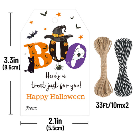jijAcraft Halloween Tags with String - 50Pcs Happy Halloween Paper Gift Tag, 3.3x2.1Inch Trick or Treat Pumpkin Bat Ghost Name Labels Tags for Goodie Bags, Gift Wrap, DIY Crafts, Classroom Favors