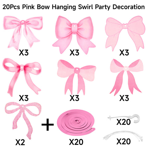 jijAcraft Pink Bow Garland, 20Pcs Bow Birthday Banner, Girl Theme Party Garland Banner, Pink Swirls Decoration for Baby Shower, Bridal Shower, Bachelorette