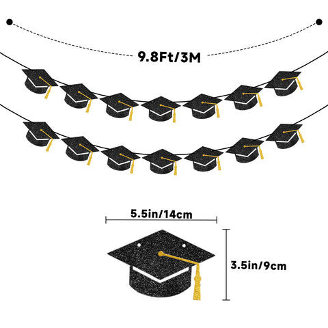 jijAcraft Black Glitter Graduation Cap Banner 2026, Pre-Strung Graduation with Tassel, Single Sided Mortarboard Garland, 2 Pack Graduation Garland for College High School Graduate Party Home Decor