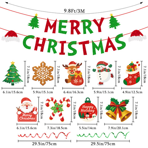 jijAcraft Merry Christmas Banner Xmas Decorations - 38Pcs Hanging Swirl Set, Christmas Decorations Indoor, Christmas Party Decor for Wall, Ceiling, Mantel, Fireplace, Home, Classroom, Office, Party