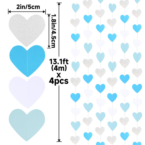 jijAcraft Heart Garland Blue Bachelorette Party Decorations – 52FT Light Blue and Silver Streamers, Baby Boy Shower Garland for Party Decor, Bridal Shower, Birthday, Engagement, Wedding Decor