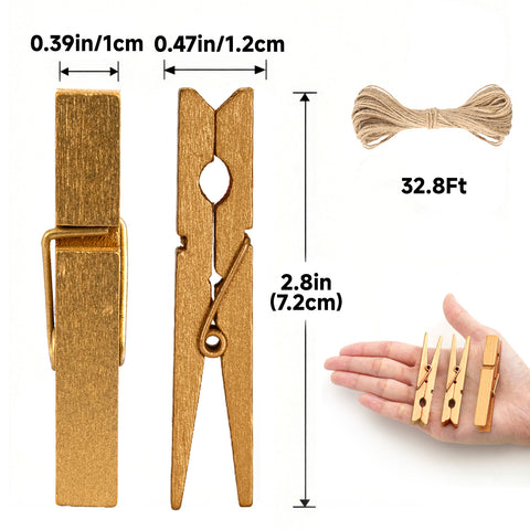 jijAcraft 50Pcs Gold Clothespins - 2.9Inch Large Clothes Pins with Twine, Photo Display Hanging Clips, Wooden Craft Clips for Birthday, Baby Shower, Wedding