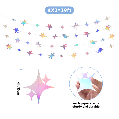 jijAcraft Glitter Iridescent Four-Angle Star Garland Decorations Hanging Garands Banner Backdrop, Star Party Decor for Birthday Baby Shower Wedding Kids Room Ramadan EID Graduation Decor (39 Feet)