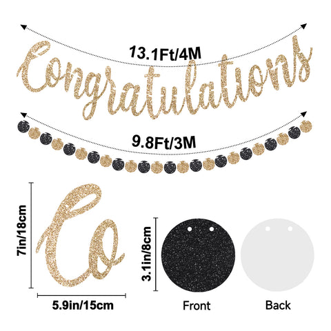 jijAcraft Congratulation Graduation Banner, Black Gold Glitter Graduation Party Banner, Pre-strung Congratulation Party Banners, 2025 Grad Deoration Garland for Class, School, Home