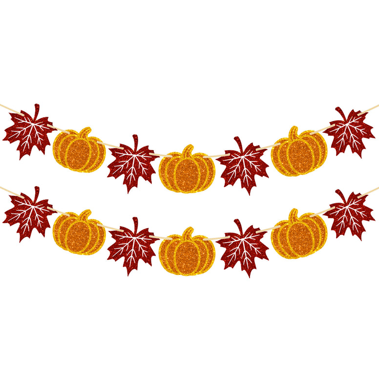 jijAcraft Thanksgiving Pumpkin Banner – 2pcs Pumpkin and Maple Leaf Banner, Pre-Strung Fall Garland for Thanksgiving Party Supplies, Fireplace, Wall, Table, Classroom, Mantel Decor