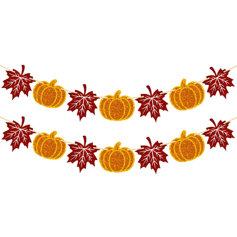 jijAcraft Thanksgiving Pumpkin Banner – 2pcs Pumpkin and Maple Leaf Banner, Pre-Strung Fall Garland for Thanksgiving Party Supplies, Fireplace, Wall, Table, Classroom, Mantel Decor