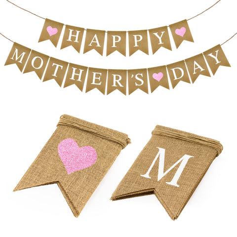jijAcraft Happy Mother's Day Burlap Banner, No-DIY Mother's Day Banner with Pink Glitter Heart, Rustic Mothers Day Party Hanging Garland Banners, Mothers Decoration for Fireplace, Wall, Window, Table