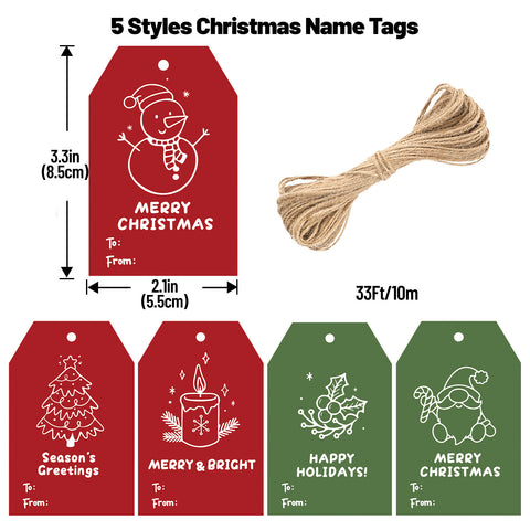 jijAcraft Christmas Gift Tags – 50Pcs Holiday Gift Tags with String, 5 Designs Xmas Tags for Gifts, Merry Christmas Name Tags for Gift Wrapping, Party Favors, DIY Crafts(3.3x2.1In)