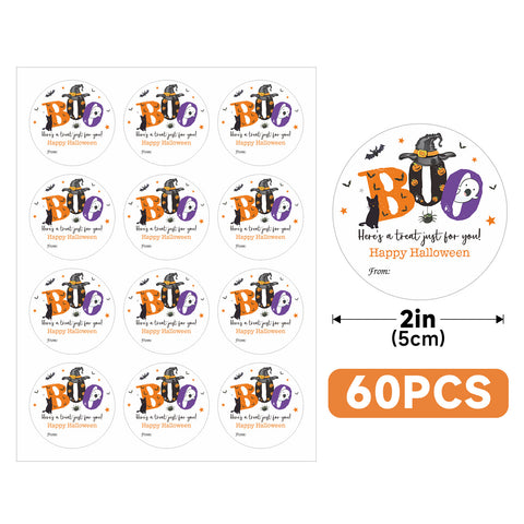 jijAcraft 60Pcs Happy Halloween Stickers - 2Inch Round Boo Trick or Treat Name Labels, Here a Treat Just for You Halloween Stickers for Envelope, Candy Bags, Party Favors