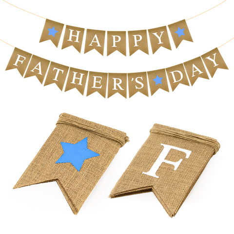 jijAcraft Father's Day Burlap Banner, Happy Father's Day Banner Burlap, Pre-strung Father’s Hanging Banners with Blue Star, Vintage Party Decor for Wall, Window, Fireplace, Door