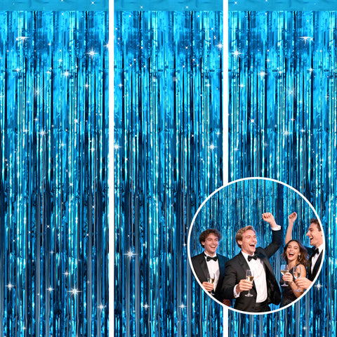 jijAcraft 3 Pack Metallic Blue Tinsel Foil Fringe Curtain, Party Photo Backdrop, Lake Blue Streamers for Ocean Themed Mermaid Under the Sea Party Boy Birthday Baby Shower Graduation Decorations