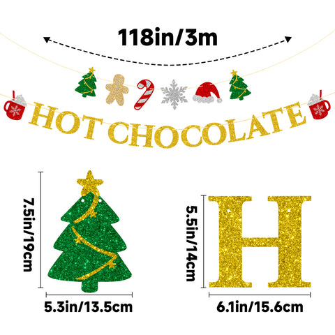 jijAcraft Hot Chocolate Banner – Pre-Strung Glitter Gold Christmas Garland, Hot Chocolate Bar Supplies, Banner Set with Cocoa Cups, Trees, Gingerbread, Snowflakes - Holiday&Winter Party Decorations