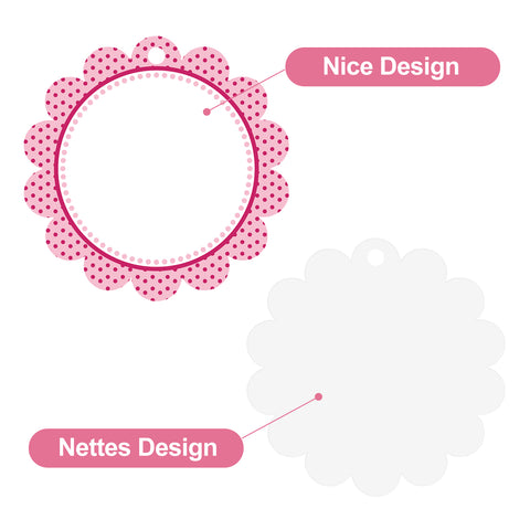 jijAcraft 50Pcs Blank Gift Tags with String, 2.5Inch Pink Dot Scalloped Round Blank Hangtag, White Writable Paper Tags for Gift Wrapping, DIY Crafts, Toys