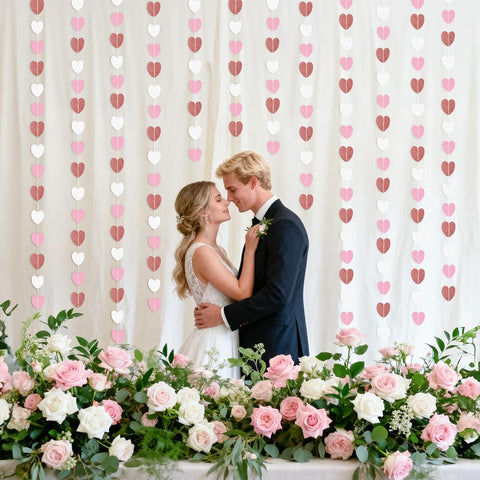 jijAcraft White Rose-Gold Pink Heart Garland Party Decor, 52 Ft Glitter Heart Streamers Garland Banner for Wedding, valentines, Bridal Shower, Engagement, Bachelorette, Home Decor, Birthday Party