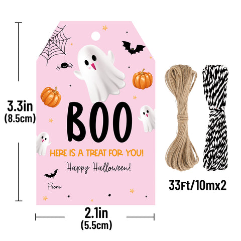 jijAcraft Halloween Tags with String - 50Pcs Happy Halloween  Paper Gift Tag, 3.3x2.1Inch Pink Ghost Boo A Treat for You Name Labels Tags for Trick or Treat Bags, Gift Wrapping, Goodie Bags