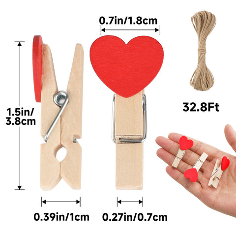 jijAcraft Clothespins with String - 50Pcs Mini Wooden Clothes Pins with Heart, Red Heart Clips, 1.4Inch Small Photo Craft Clip for Baby Shower, Wedding, Birthday