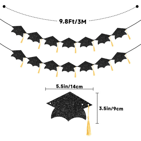 jijAcraft Black Glitter Graduation Cap Banner 2026, Pre-Strung Graduation Vintage Design, Double Sided Mortarboard Garland, 2 Pack Graduation Garland for College High School Graduate Party Home Decor