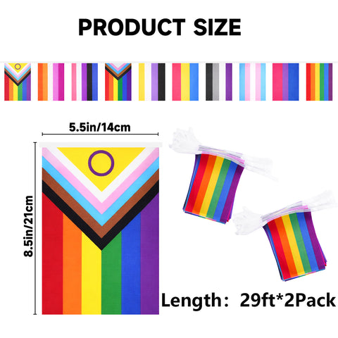 jijAcraft 2 Pack Progress Pride Flag Banner Decorations, LGBTQ+ Flags Garland, Pre-Strung Gay Pride Bunting with Rainbow, Pride Month Party Decorations for Home School Community Events 60 Flags