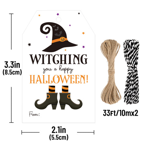 jijAcraft Halloween Tags with String - 50Pcs Witch Goodie Bags Tag, 3.3x2.1Inch Witching You A Happy Halloween Name Labels Tags for Candy Bags, Gift Wrapping, DIY Crafts, Trick or Treat